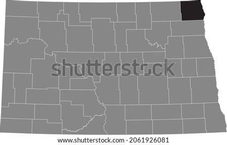 Black highlighted location map of the Pembina County inside gray administrative map of the Federal State of North Dakota, USA