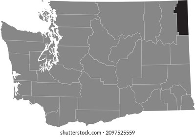 Black highlighted location map of the Pend Oreille County inside gray administrative map of the Federal State of Washington, USA
