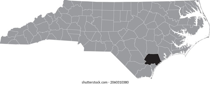 Black highlighted location map of the Pender County inside gray administrative map of the Federal State of North Carolina, USA