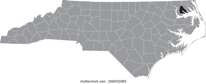 Black highlighted location map of the Perquimans County inside gray administrative map of the Federal State of North Carolina, USA