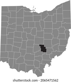 Black highlighted location map of the Perry County inside gray administrative map of the Federal State of Ohio, USA