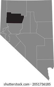 Black highlighted location map of the Pershing County inside gray map of the Federal State of Nevada, USA