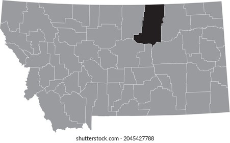 Black highlighted location map of the Phillips County inside gray map of the Federal State of Montana, USA