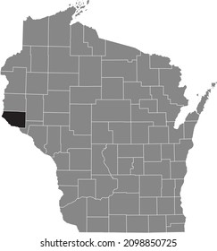 Black highlighted location map of the Pierce County inside gray administrative map of the Federal State of Wisconsin, USA