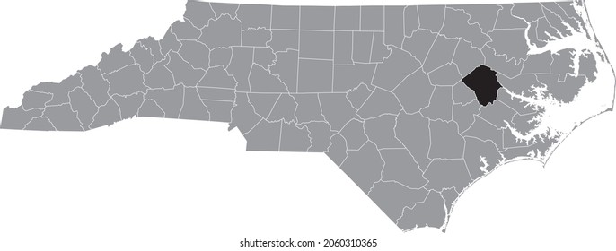 Black highlighted location map of the Pitt County inside gray administrative map of the Federal State of North Carolina, USA