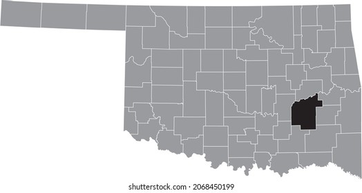 Black highlighted location map of the Pittsburg County inside gray administrative map of the Federal State of Oklahoma, USA