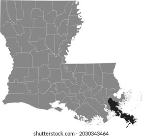 Black Highlighted Location Map Of The Plaquemines Parish Inside Gray Map Of The Federal State Of Louisiana, USA