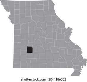 Black highlighted location map of the Polk County inside gray map of the Federal State of Missouri, USA