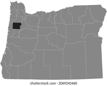 Black highlighted location map of the Polk County inside gray administrative map of the Federal State of Oregon, USA