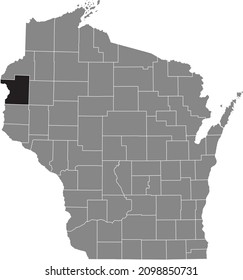 Mapa de ubicación resaltado en negro del Condado de Polk dentro del mapa administrativo gris del Estado Federal de Wisconsin, Estados Unidos