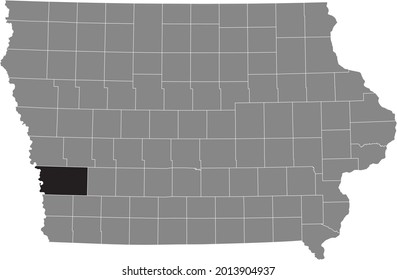 Black highlighted location map of the Pottawattamie County inside gray map of the Federal State of Iowa, USA