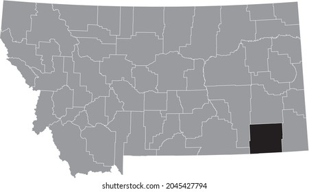 Black highlighted location map of the Powder River County inside gray map of the Federal State of Montana, USA