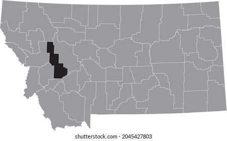 Black highlighted location map of the Powell County inside gray map of the Federal State of Montana, USA