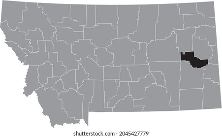 Black highlighted location map of the Prairie County inside gray map of the Federal State of Montana, USA