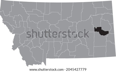 Black highlighted location map of the Prairie County inside gray map of the Federal State of Montana, USA