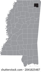 Black highlighted location map of the Prentiss County inside gray map of the Federal State of Mississippi, USA