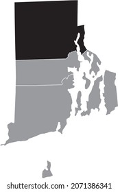 Black highlighted location map of the Providence County inside gray administrative map of the Federal State of Rhode Island, USA