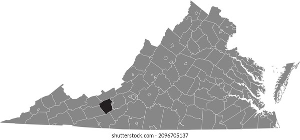 Black highlighted location map of the Pulaski  inside gray administrative map of the Federal State of Virginia, USA