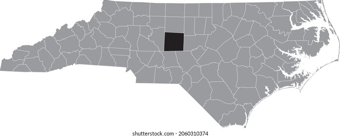 Mapa de ubicación resaltado en negro del condado Randolph dentro del mapa administrativo gris del estado federal de Carolina del Norte, EE.UU.