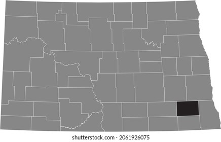 Black highlighted location map of the Ransom County inside gray administrative map of the Federal State of North Dakota, USA