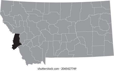 Black highlighted location map of the Ravalli County inside gray map of the Federal State of Montana, USA