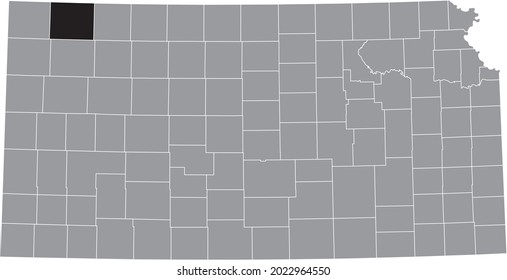 Black highlighted location map of the Rawlins County inside gray map of the Federal State of Kansas, USA