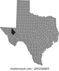 Black highlighted location map of the Reeves County inside gray administrative map of the Federal State of Texas, USA