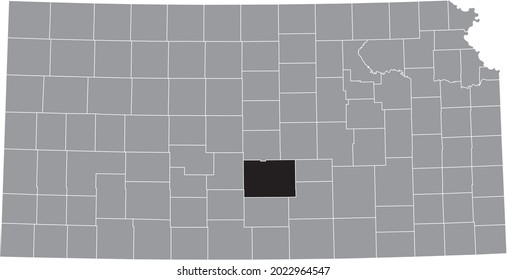 Black highlighted location map of the Reno County inside gray map of the Federal State of Kansas, USA