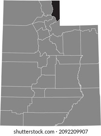 Black highlighted location map of the Rich County inside gray administrative map of the Federal State of Utah, USA
