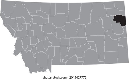 Black highlighted location map of the Richland County inside gray map of the Federal State of Montana, USA