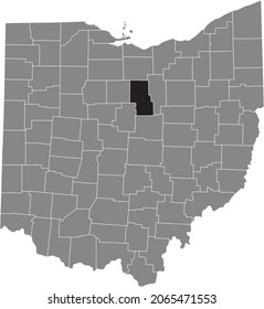 Black highlighted location map of the Richland County inside gray administrative map of the Federal State of Ohio, USA