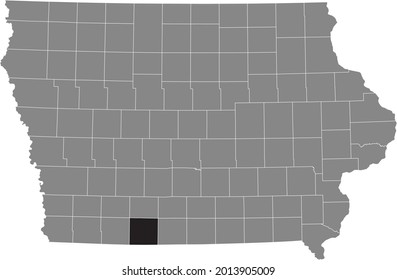 Black highlighted location map of the Ringgold County inside gray map of the Federal State of Iowa, USA