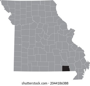 Black highlighted location map of the Ripley County inside gray map of the Federal State of Missouri, USA