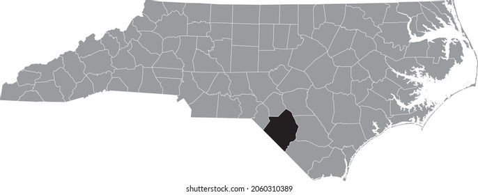 Black highlighted location map of the Robeson County inside gray administrative map of the Federal State of North Carolina, USA
