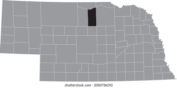 Black highlighted location map of the Rock County inside gray map of the Federal State of Nebraska, USA