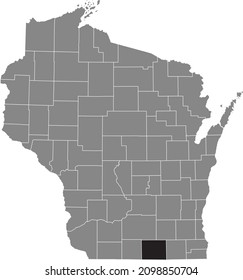 Black highlighted location map of the Rock County inside gray administrative map of the Federal State of Wisconsin, USA