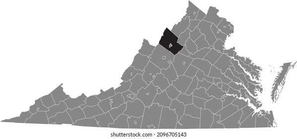 Black highlighted location map of the Rockingham inside gray administrative map of the Federal State of Virginia, USA