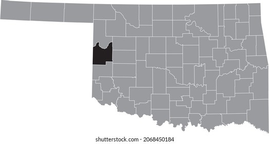 Black highlighted location map of the Roger Mills County inside gray administrative map of the Federal State of Oklahoma, USA