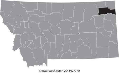 Black highlighted location map of the Roosevelt County inside gray map of the Federal State of Montana, USA