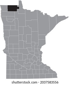 Mapa de ubicación resaltado en negro del condado de Roseau dentro del mapa gris del estado federal de Minnesota, EE.UU.