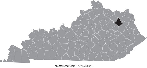 Black highlighted location map of the Rowan County inside gray map of the Federal State of Kentucky, USA