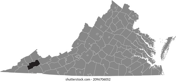 Black highlighted location map of the Russell inside gray administrative map of the Federal State of Virginia, USA