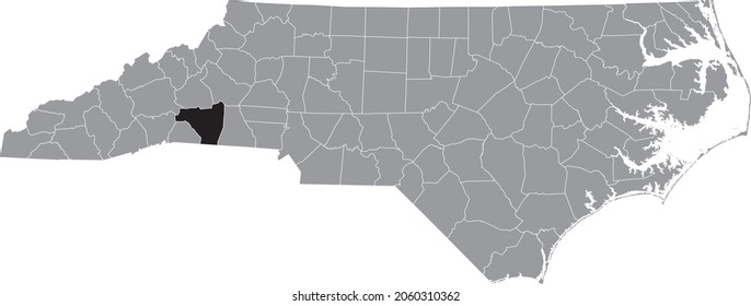 Black highlighted location map of the Rutherford County inside gray administrative map of the Federal State of North Carolina, USA