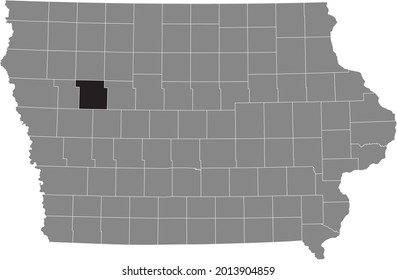 Black highlighted location map of the Sac County inside gray map of the Federal State of Iowa, USA