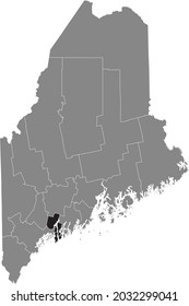 Black Highlighted Location Map Of The Sagadahoc County Inside Gray Map Of The Federal State Of Maine, USA