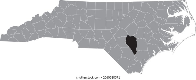 Black highlighted location map of the Sampson County inside gray administrative map of the Federal State of North Carolina, USA
