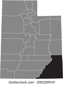 Black highlighted location map of the San Juan County inside gray administrative map of the Federal State of Utah, USA