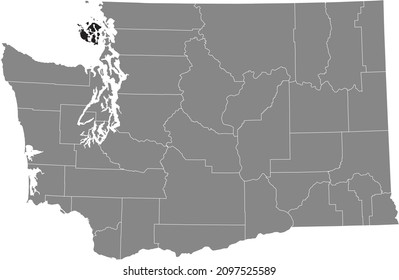 Black highlighted location map of the San Juan County inside gray administrative map of the Federal State of Washington, USA