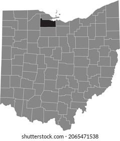 Mapa de ubicación resaltado en negro del Condado de Sandusky dentro del mapa administrativo gris del Estado Federal de Ohio, Estados Unidos