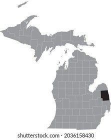 Mapa de ubicación resaltado en negro del condado de Sanilac dentro del mapa gris del estado federal de Michigan, EE.